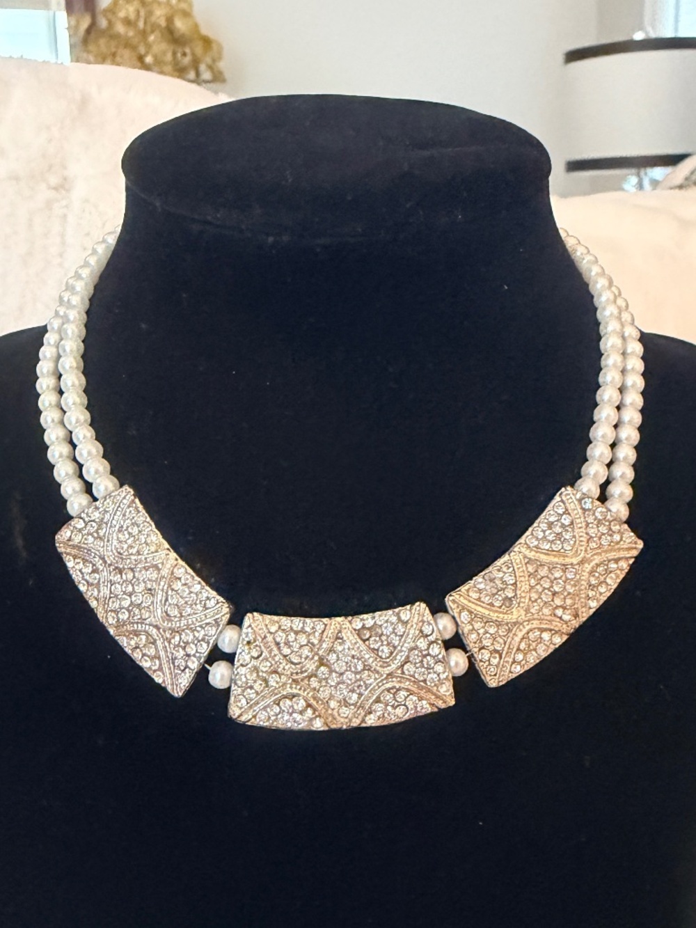Vintage Art Deco Double Strand Pearl Choker Necklace — Rhinestone Geometric